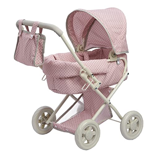 Olivia’s Little World – Polka Dots Princess Baby Doll Deluxe Stroller – My First Baby Doll Foldable Stroller with Easy Removable Bassinet & Basket for Doll Accessories – Pink & Gray