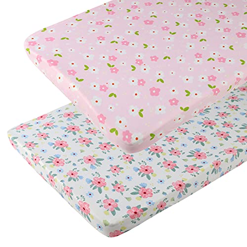 Pack n Play Playard Fitted Sheets 2 Pack Set for Baby Girl Soft Stretchy Jersey Knit Portable Mini Crib Mattress Cover, Pink Floral