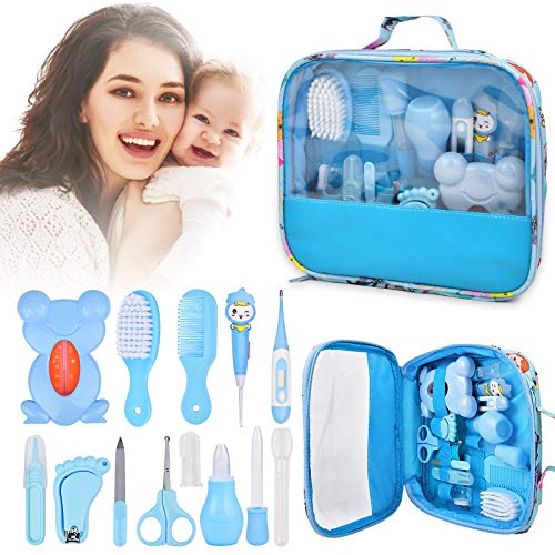 Baby Healthcare and Grooming Kits, 13-In-1 Baby Grooming Health Kit, Baby Care Set with Nail Clippers Trimmer Comb Brush Dispenser, Newborn Essentials Stuff Baby Care Kits for Boys Girls Nursery, Blue