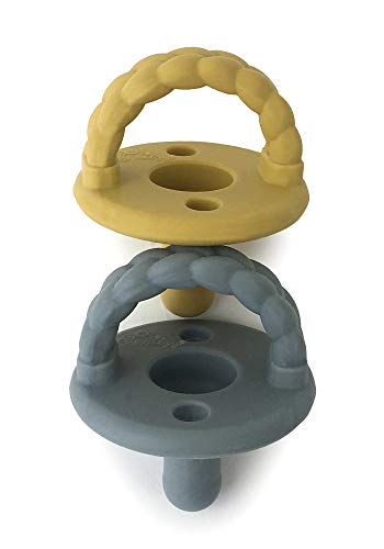 Itzy Ritzy Sweetie Soother Pacifier Set of 2 – Silicone Newborn Pacifiers with Collapsible Handle & Two Air Holes for Added Safety; Set of 2 in Dark Gray & Yellow, Ages Newborn & Up