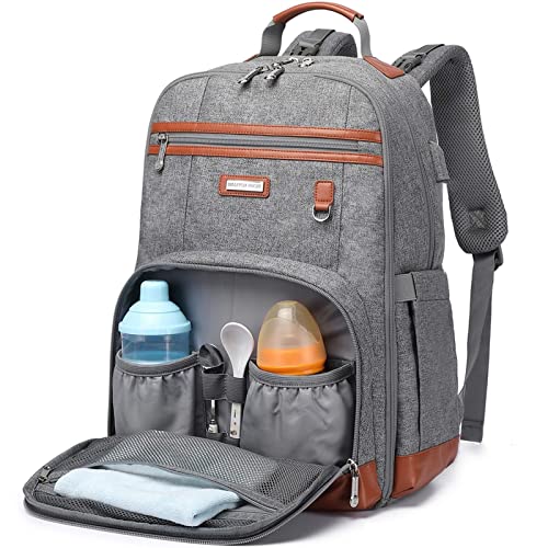Baby Diaper Bag Backpack for Mom, Travel Bookbag Diaper Bags Back Pack with Changing Pad for Boy Girl, Waterproof, Large Capacity, Grey
