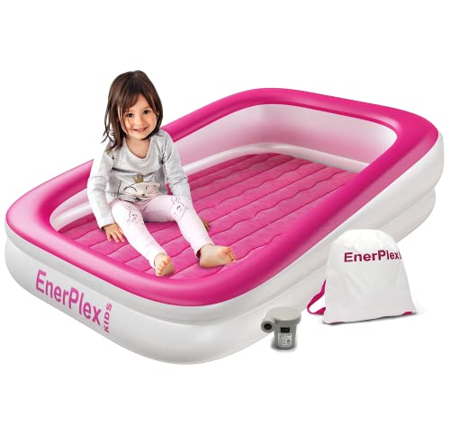 EnerPlex Kids Inflatable Travel Bed with High Speed Pump, Portable Air Mattress for Kids on The Go, Blow up Toddler Travel Bed with Sides – Built-in Safety Bumper – Pink