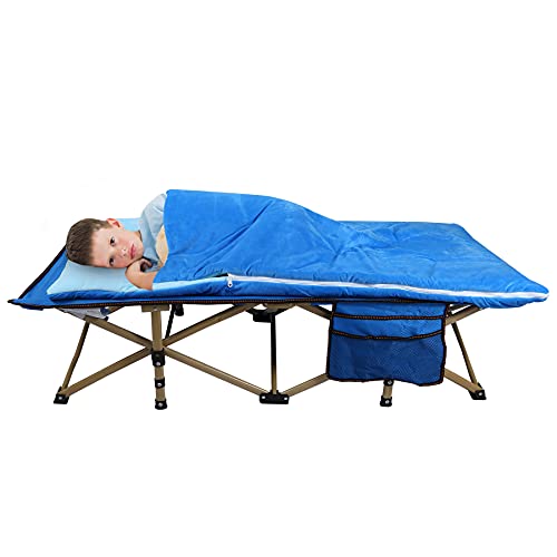 REDCAMP Folding Kids Cot for Sleeping with Sleeping Bag, Portable Toddler Cot Bed Child Travel Cot for Camping, Blue 53”x26”