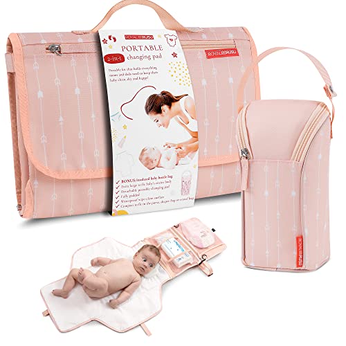 Portable Diaper Changing Pad Waterproof – B0NUS Insulated Baby Bottle Bag, 2-in-1 Diaper Clutch and Changing Mat, Wipe Clean Portable Changing Pad with Built-in Head Cushion (Peach)