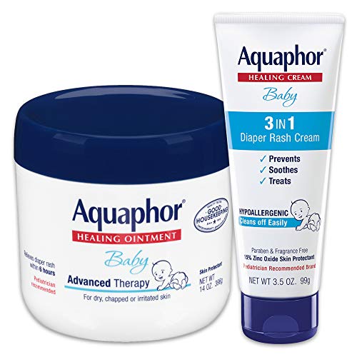 Aquaphor Baby Skin Care Set – Fragrance Free, Prevents, Soothes and Treats Diaper Rash – Includes 14 oz. Jar of Advanced Healing Ointment & 3.5 oz Tube of Diaper Rash Cream