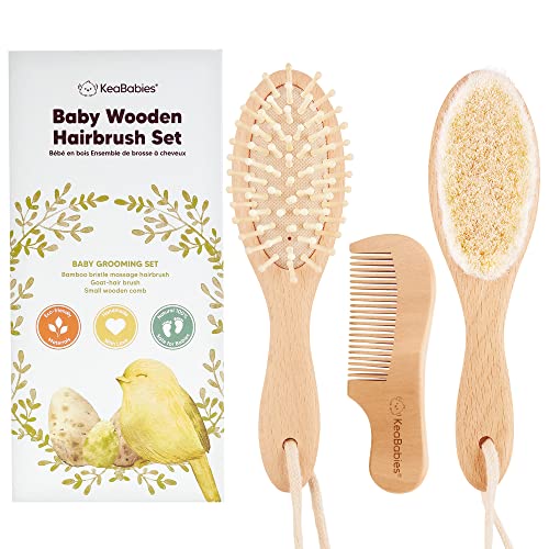 Baby Hair Brush and Baby Comb Set – Wooden Baby Brush with Soft Goat Bristle – Toddler Hair Brush Baby Brush and Comb Set – Baby Brush Set for Newborns – Infant Hair Brush, Cradle Cap (Oval, Walnut)