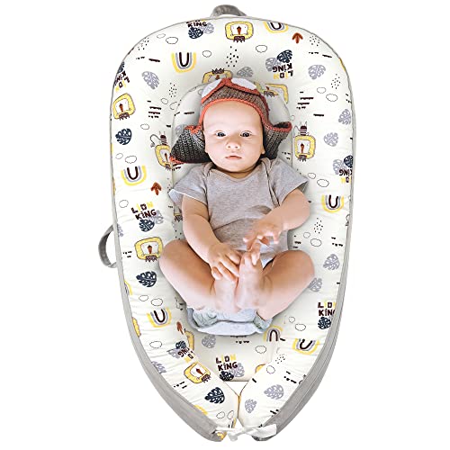 Beimo Baby Lounger for Newborn, Baby Nest, Soft Breathable Nature Cotton, Portable Lightweight, Machine Washable & Upgraded Zipper （Lions）