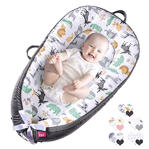 EIH Baby Lounger, Baby Nest Portable Baby Bassinet Ultra Soft Breathable Newborn Lounger Adjustable for Crib & Bassinet Mattress Perfect for Co-Sleeping Traveling and Shower Gift (Animal)