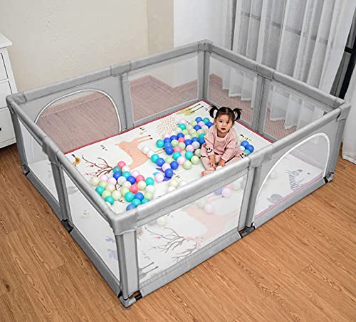 Baby Playpen, Extra Large Playard, Indoor & Outdoor Kids Activity Center with Anti-Slip Base, Sturdy Safety Play Yard with Breathable Mesh,Kid’s Fence for Infants Toddlers(Grey)