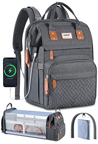 Diaper Bag with Changing Station, Large Travel Diaper Bag Backpack with Sunshade Bassinet and USB Charging Port for Moms Dads, Waterproof Unisex Baby Diaper Bags for Boys Girls, Baby Registry Search