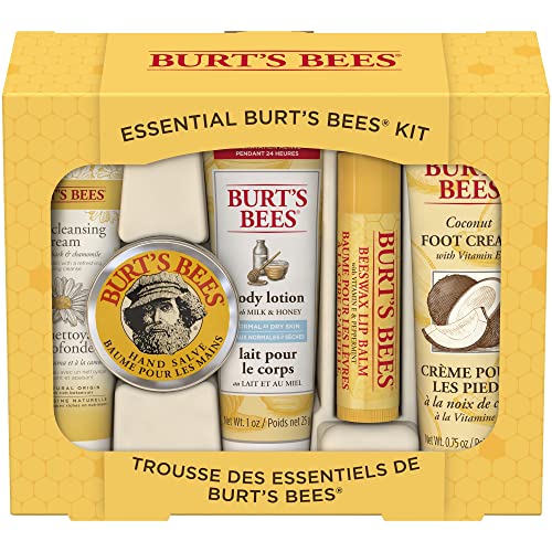 Burt’s Bees Holiday Gift, 5 Stocking Stuffer Products, Everyday Essentials Set – Original Beeswax Lip Balm, Deep Cleansing Cream. Hand Salve, Body Lotion & Foot Cream, Travel Size