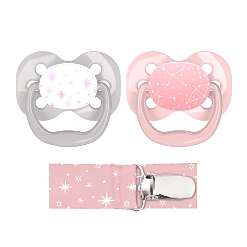 Dr. Brown’s Advantage Symmetrical Pacifier with Air Flow and Pacifier Clip – Pink – 2-Pack – 0-6m