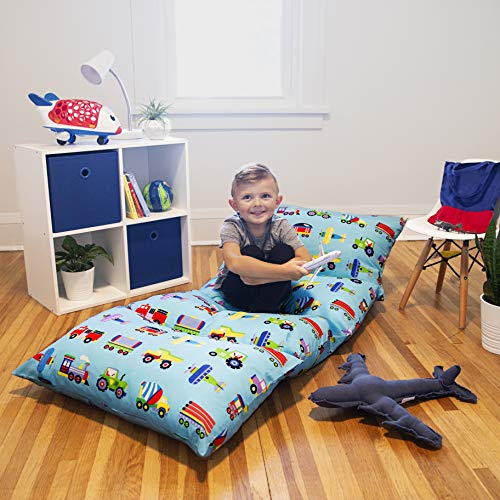 Wildkin Kids Floor Lounger for Boys and Girls, Travel-Friendly and Perfect for Sleepovers,Requires 4 Standard Size Pillows (Not Included),Measures 69.5 x 27 Inches (Trains, Planes and Trucks)