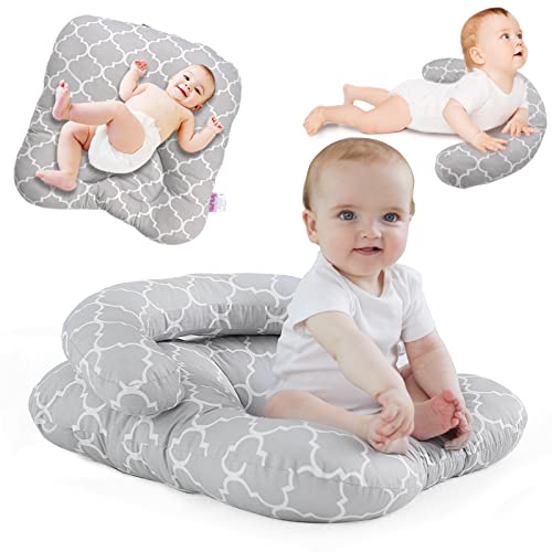 Dad-Baby Baby Lounger Baby Nest 3-in-1 Tummy Time & Seated Support for Newborns and Older Babies with Detachable Support Pillow Newborn Essentials Baby Registry Search(Morocco Grey)