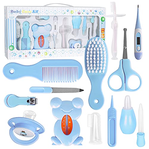 PhantomSky Baby Healthcare and Grooming Kit 13 in 1 Portable Newborn Health Safety Care Set Hair Brush Comb Tweezer Scissor for Nursery Toddler Girl Boy Keep Clean Home Travel Essential Gift (Blue)