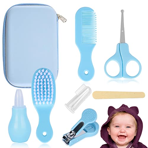 Baby Grooming Kit, Nursery Kit Baby Safety Care Set with Nose Cleaner/Baby Comb/Brush/Nail Clippers/Nail Scissors/Finger Toothbrush for Baby Shower Gifts for Girl Boys, Manicure Kit Blue