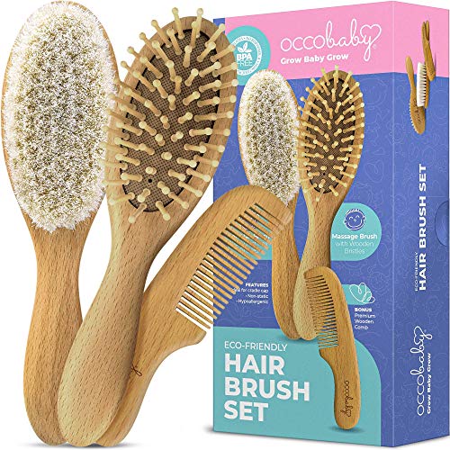 OCCObaby Wooden Baby Brush and Comb Set – Baby Comb for Cradle Cap – Baby Comb and Brush Set for Baby Grooming – Baby Brush Set for Newborns – Baby Scalp Brush for Cradle Cap – Toddler Comb