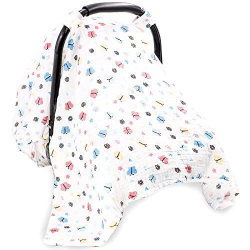 Baby Car Seat Covers Butterfly, Muslin, Infant Car Seat Canopy for Girls, Summer Cart Cover for Babies Lightweight Breathable
