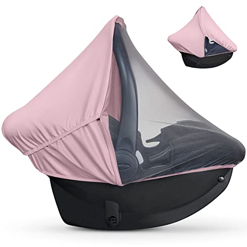 liuliuby 2-in-1 Car Seat Cover – Baby Carseat Canopy with Privacy Sun Shade & Bug Net for Newborn & Infant – Protects Babies from UV Rays, Mosquito & Insect – Carrier Covers for Boys & Girls (Pink)