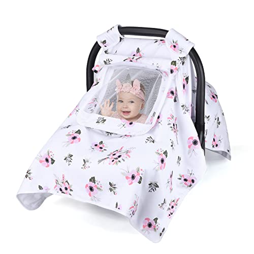Car Seat Covers for Babies, Baby Car Seat Cover for Girls Boys, Kick-Proof Newborn Carrier Canopy with Breathable Mesh Peep Window, Windproof Stretchy Stroller Canopy (Pink Flower)
