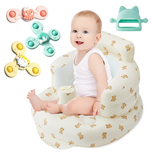 Inflatable Baby Seat for Sitting Up, Portable Baby Chairs Infant Floor Seats Toddler Support Lounger for Home Playing Dining Bathing Traveling, with Teething & Fidget Spinner Toy (Pale Yellow Bear)
