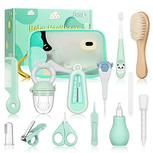 Baby Healthcare and Grooming Kit – Nursery Essentials Baby Registry Shower Gift for Newborns Infants Toddlers Boys Girls 13pcs – Green