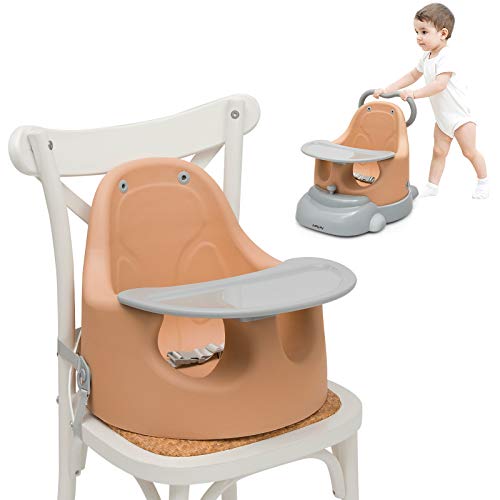Baby Joy 6-in-1 Booster Seat for Dining Table, Sit to Stand Walker for Toddler, Infant Feeding Chair Baby Floor Seat with Removable Tray, 3-Point Harness & Safety Straps (Orange)