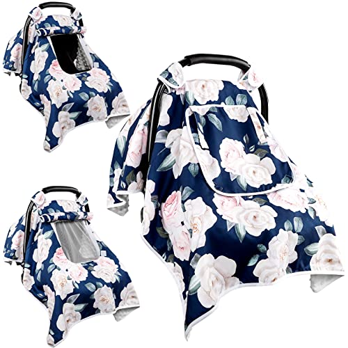 Winter Carseat Cover Girls, Floral Baby Car Seat Canopy with Breathable Mesh Peep Window, Minky Windproof Infant Stroller Cover, Fit All Seasons, Blue Flower
