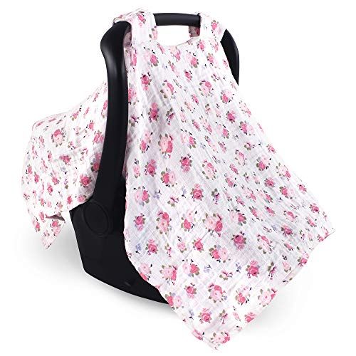 Luvable Friends Unisex Baby Muslin Car Seat Canopy, Floral, One Size