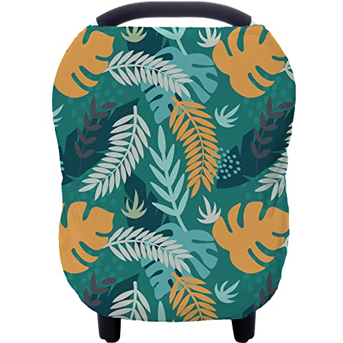 Carseat Cover Boy and Girls – Multi-use Nursing Car Seat Canopy Cover for Breastfeeding, Infant Stroller Cover, High Chair Cover (Green Leaves)