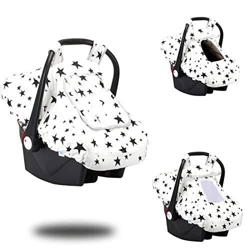 Baby Car Seat Canopy, Breathable Car Seat Covers for Boys Girls with 3D Minky, Thick Infant Car Canopy for Spring Summer Autumn Winter, Kick-Proof Universal Fit, Snug Warm (Star)