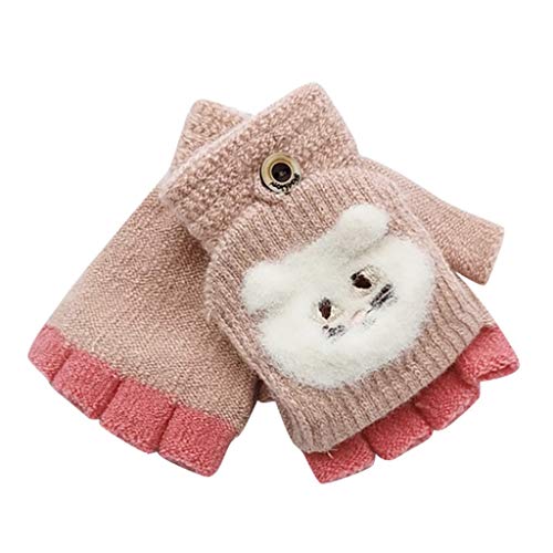 Kids Winter Gloves Warm Mitten Flip Half Full Finger Plush Knitted Lined Cartoon Gloves for 6-12 Years Skating Gloves