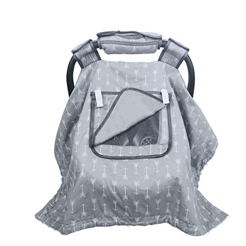 Car seat Covers for Babies boy Girl, Carseat Canopy for Newborn Carrier, 2 Layers Windows of mesh/Fabric, No Shifting on Carrier Handle, Cotton and Fleece, Handle Cushion, White Minky