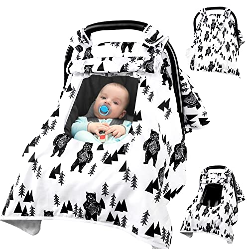 Carseat Cover Boys, Newborn Winter Car seat Canopy, Minky Cozy & Warm Cover, 2 Layers Zipper Windows, Car Seat Blanket, Soft & Breathable, Bear