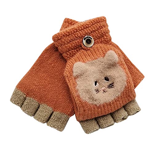 Kids Winter Gloves Warm Mitten Flip Half Full Finger Plush Knitted Lined Cartoon Gloves for 6-12 Years Fishing Gloves
