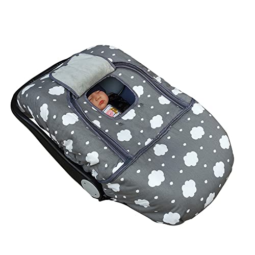 Carseat Cover, Winter Baby car seat Covers for Infant car seat, Baby Carrier Cover Canopy, Window in Door Zipper Open, Thick Padded, Grey Cloud;