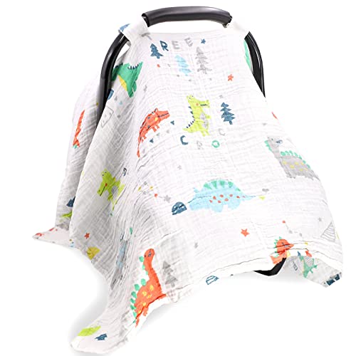 Muslin Car Seat Cover for Babies, Dino Summer Cart Cover for Boys, Infant Car Seat Canopy, Muslin, Lightweight Breathable, Woodland