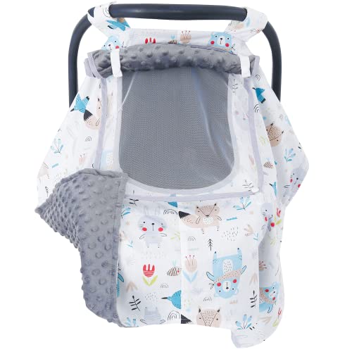 SJEhome Carseat Covers for Babies,Car Seat Warm Windproof Cotton and Fleece Canopy for Newborn Infant Boy Girl Carrier,2 Layers Windows Baby Carrier Cover,Grey Minky