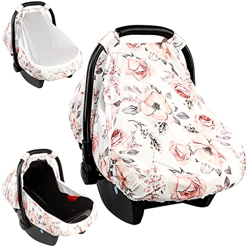 Carseat Cover Girls, Floral Baby Carseat Canopy with Zipper Mesh, Infant Stroller Cover, Watercolor Pink Flower