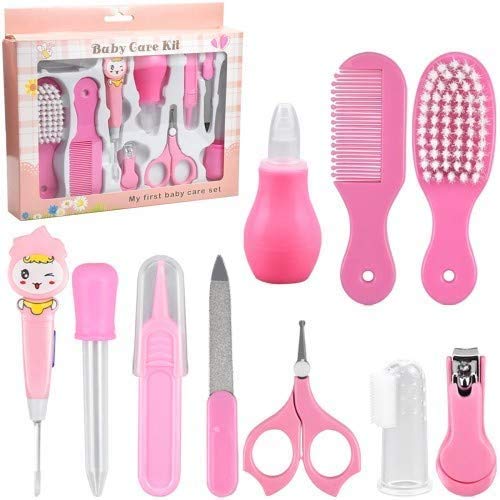 10 Pcs Baby Grooming Baby Healthcare Kit Newborn Baby Care Accessories Baby Health Care Set Baby Nail Clipper Scissors Hair Comb Brush Nose Cleaner Safety for Toddler Infant Nursing Grooming (Pink)