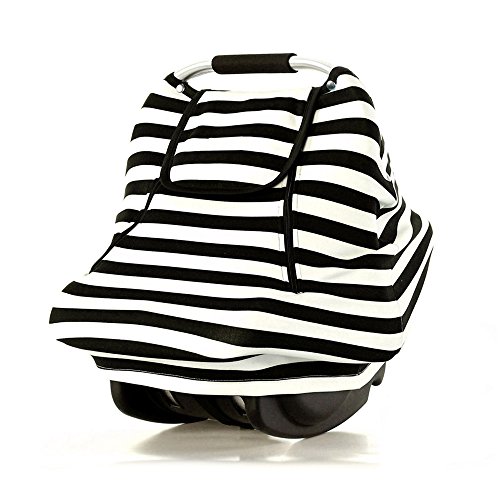 Stretchy Baby Car Seat Covers for Boys Girls, Infant Car Canopy for Spring Autumn Winter,Snug Warm Breathable, Zipped Window,Universal Fit,Black White Stripe-Patented Design