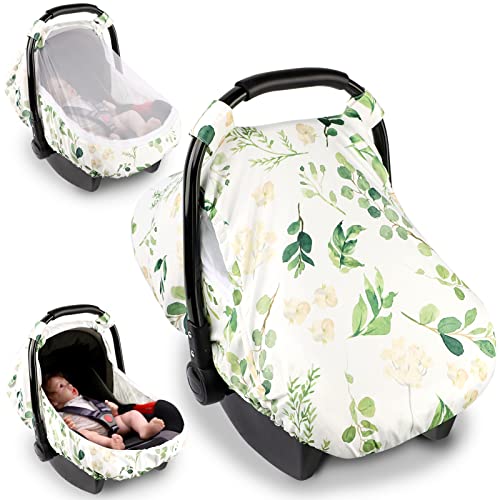 Leaf Car Seat Cover for Babies Girl or Boy，Leaf Infant Carseat Canopy Sun Cover，Baby Carrier Cover with Zipped Peep Windows and Breathable Mesh, Stretchy 3in1Multi-use Stroller Cover