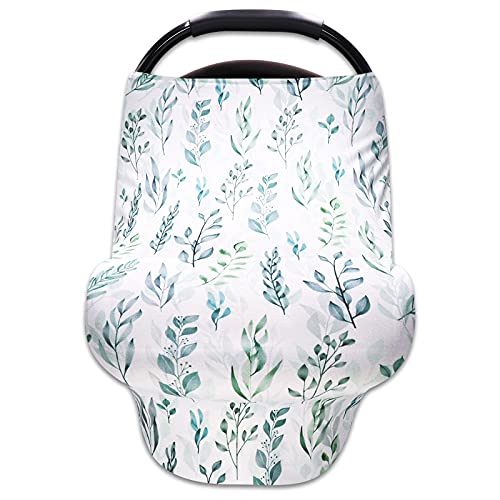 DILIMI Baby Car Seat Cover Green Leaf, Breastfeeding Cover Soft Breathable Infant Carseat Canopy Multifunctional Cover for Stroller/High Chair/Shopping Cart/Car Seat Canopies