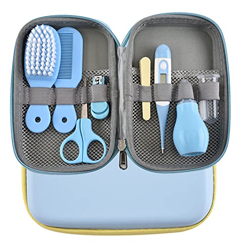 PhantomSky Baby Healthcare and Grooming Kit 8 in 1 Portable Newborn Health Safety Care Set Hair Brush Comb Nail Trimmer Bag Nursery Toddler Infant Girl Boy Kid Shower Gift Keep Clean (Blue)