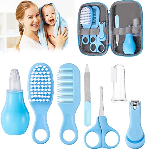 Baby Healthcare and Grooming Kit 7 in 1 Nail Clipper Brush Comb Scissors File Nasal Aspirator Finger Toothbrush Baby Safety Care Kit for Newborn Girl Boys (Blue)