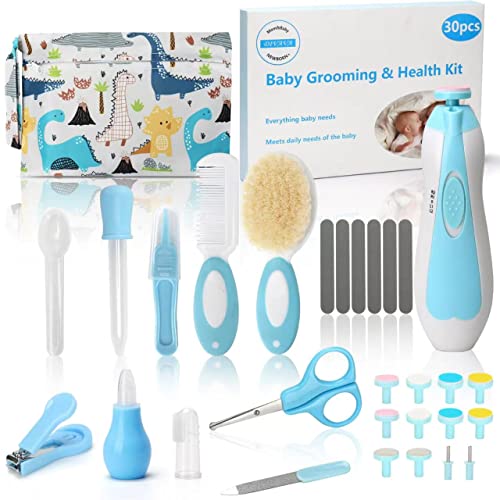 30 in 1 Baby Grooming Kit, Divava Baby Healthcare Set and Safety Electric Nail Trimmer Set Newborn Care Kits Baby Hair Brush and Comb Set for Nursing Newborns Baby Toddler-Blue