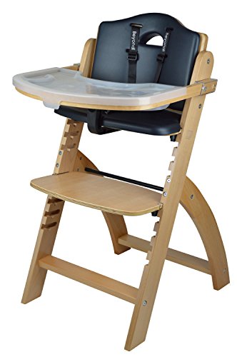 Abiie Beyond Wooden High Chair with Tray. The Perfect Adjustable Baby Highchair Solution for Your Babies and Toddlers or as a Dining Chair. (6 Months up to 250 Lb) (Natural Wood – Black Cushion)