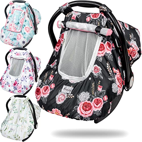 Car Seat Canopy- Cotton Baby Car Seat Covers has Peep Windows and Breathable Mesh( Carrying Pouch for Easy Storage)- Stretchy Car Seat Covers for Babies Fit All Baby Car Seat