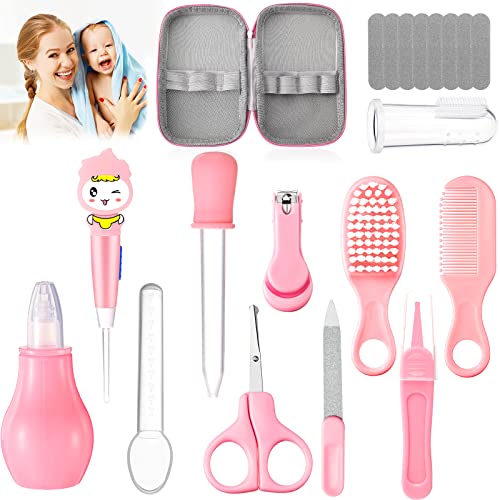 19 in 1 Baby Healthcare and Grooming Kit Baby Safety Care Set Baby Brush Set for Newborn Portable Safety Care Set Include Hair Brush Comb Nail Clipper Aspirator for Keep Clean (Pink)