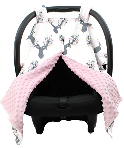 Dear Baby Gear Baby Car Seat Canopy – Antler & Flower Car Seat Canopy, Pink Minky – Snap Opening – Lightweight Carseat Covers – Carseat Canopy, Infant Car Seat Cover – Carseat Cover Girls 40×30 Inches